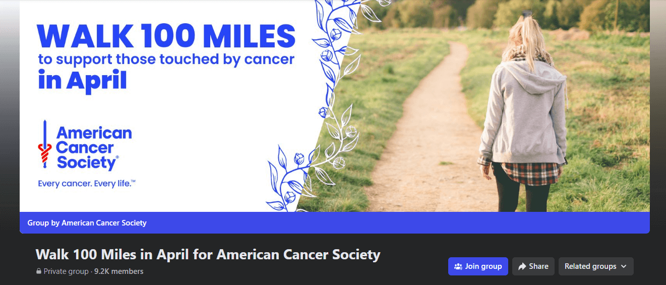 Example of an American Cancer Society virtual Facebook challenge group