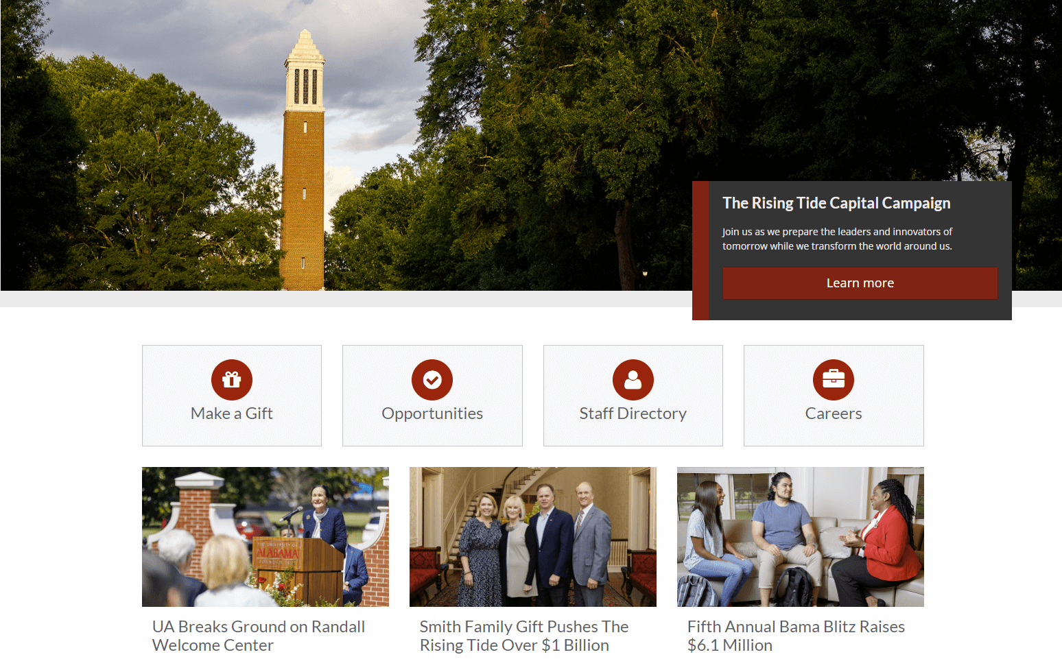 The University of Alabama's giving page is a great example of digital university fundraising done right. 