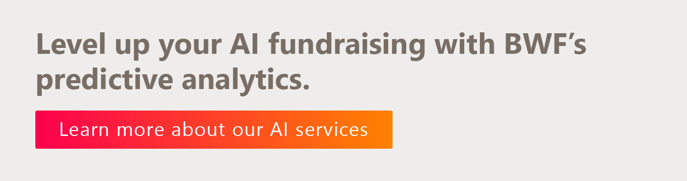 Level up your AI fundraising with BWF’s predictive analytics. Learn more about our AI services. 