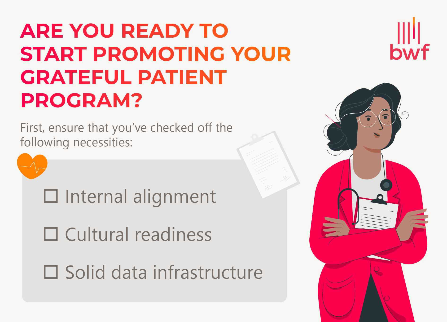 Checklist to help determine readiness for promoting a grateful patient program (explained below) 
