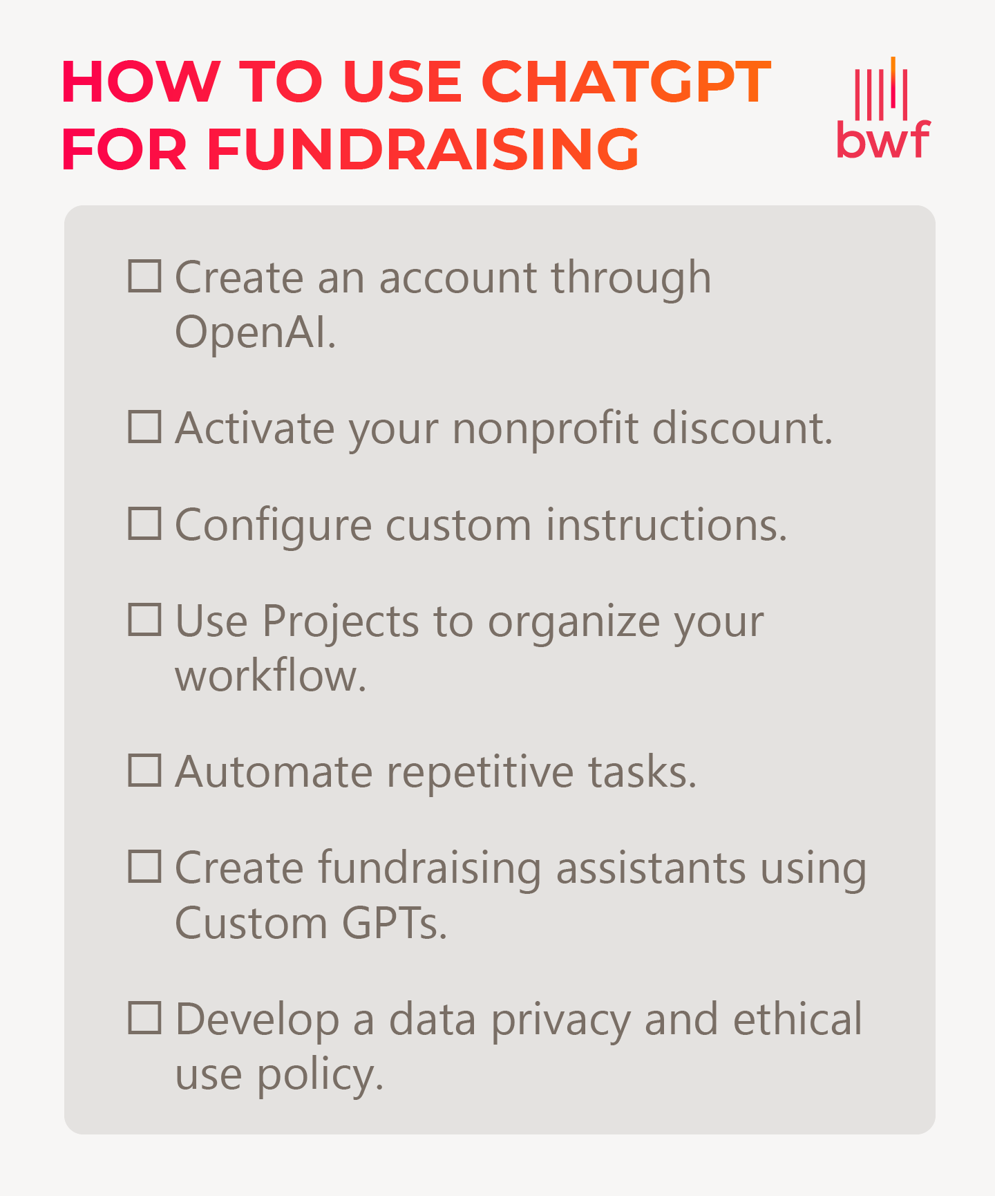 How to use ChatGPT for fundraising checklist (all items listed below)