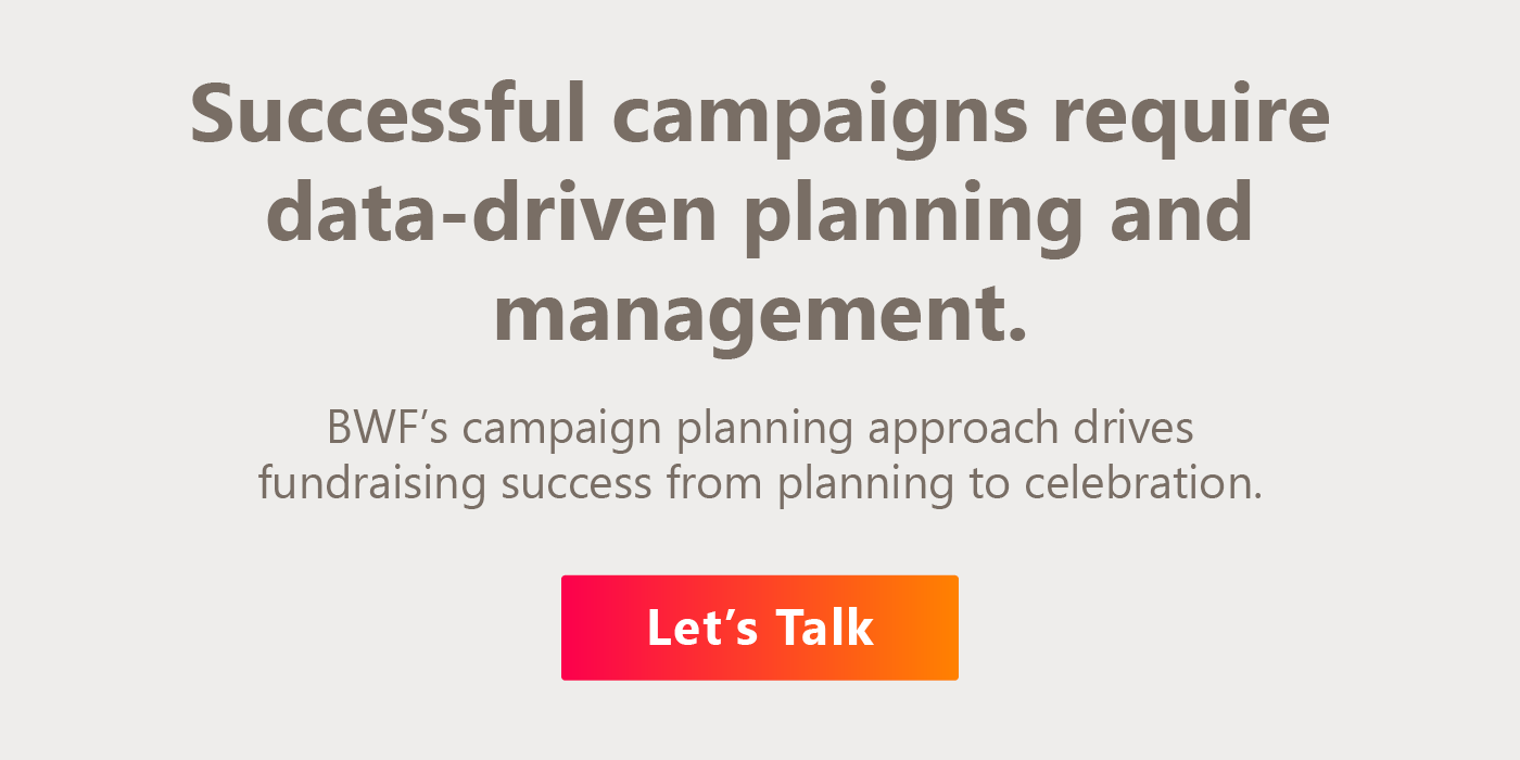 Successful campaigns require data-driven planning and management. BWF’s campaign planning approach drives fundraising success from planning to celebration. Let’s talk.
